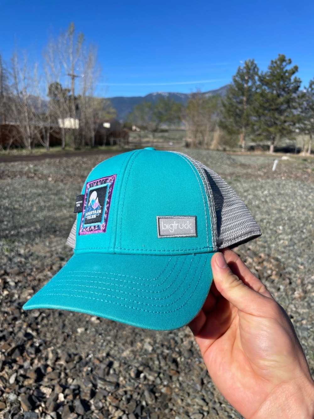 Women’s Bigtruck Mountain Freak Truckee CA Teal Gray Adjustable Trucker Hat